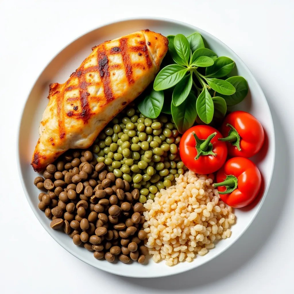 Assiette équilibrée avec légumes, protéines et céréales