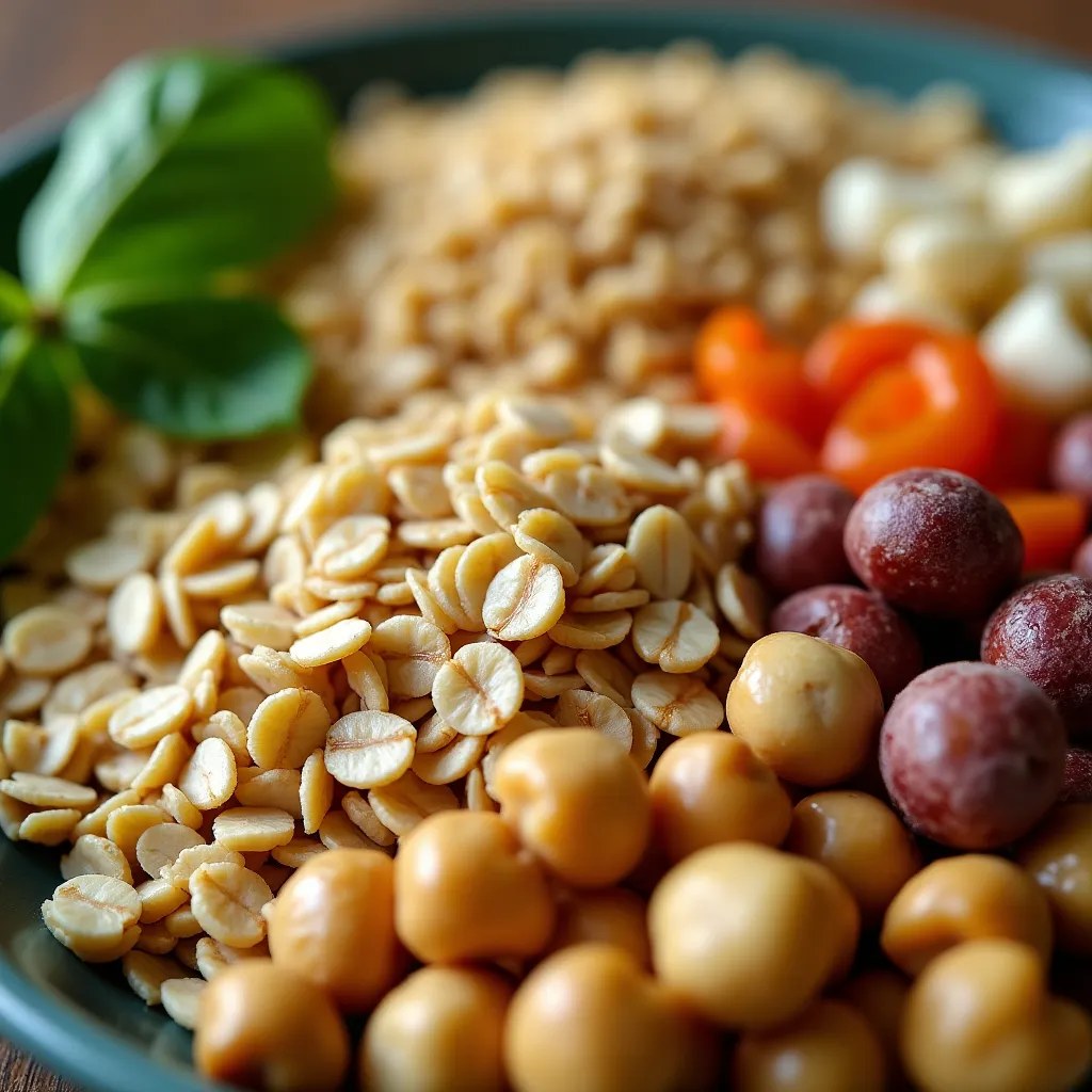 Gros plan sur des céréales complètes et des légumineuses, sources de fibres